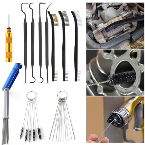 Penitue Carburetor Cleaning Kit, 3 Double Head Brushes 32 Needles 10 Nylon Brushes 4 Hooks 1 Scraper 1 Wrench Small Engine Spray Jet Cleaner for Motorcycle Airbrush Throttle Body Torch Tip Carb Tools