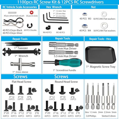 1100 PCS RC Screw Kit and RC Screwdrivers Repair Set with Aluminium Screw Tray for Traxxas Axial Redcat Arrma HPI HSP SCX10 RC4WD 1/8 1/10 1/12 1/16 Scale RC Crawler Truck Buggy Car - style: 1100 PCS+Repair Set