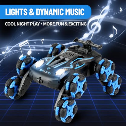 8WD Remote Control Stunt Car with Music Light Mist Spray, RC Drift Car Toys for Kids 6+, 2.4GHz Remote, Double Sided Driving, 360° Spins, Off-Road Stunt Vehicle, Birthday Gifts for Boys Girls - color: Blue