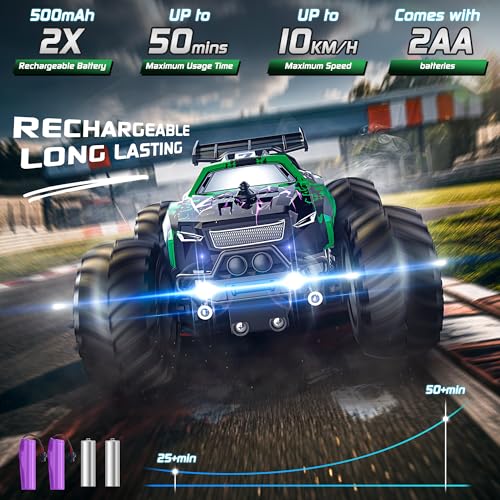 All-Terrain Remote Control Car for Boys 8-12 Headlight (Green) | Monster Remote Control Truck Rechargeable, 2 Motors 10KM/H 2.4GHZ Speed-friendly, Sturdy RC Cars for Christmas Beginner Kids - color: Green