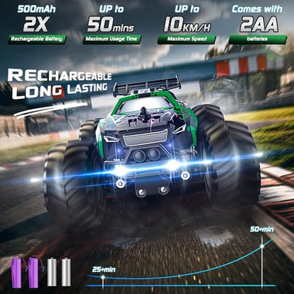 All-Terrain Remote Control Car for Boys 8-12 Headlight (Green) | Monster Remote Control Truck Rechargeable, 2 Motors 10KM/H 2.4GHZ Speed-friendly, Sturdy RC Cars for Christmas Beginner Kids - color: Green