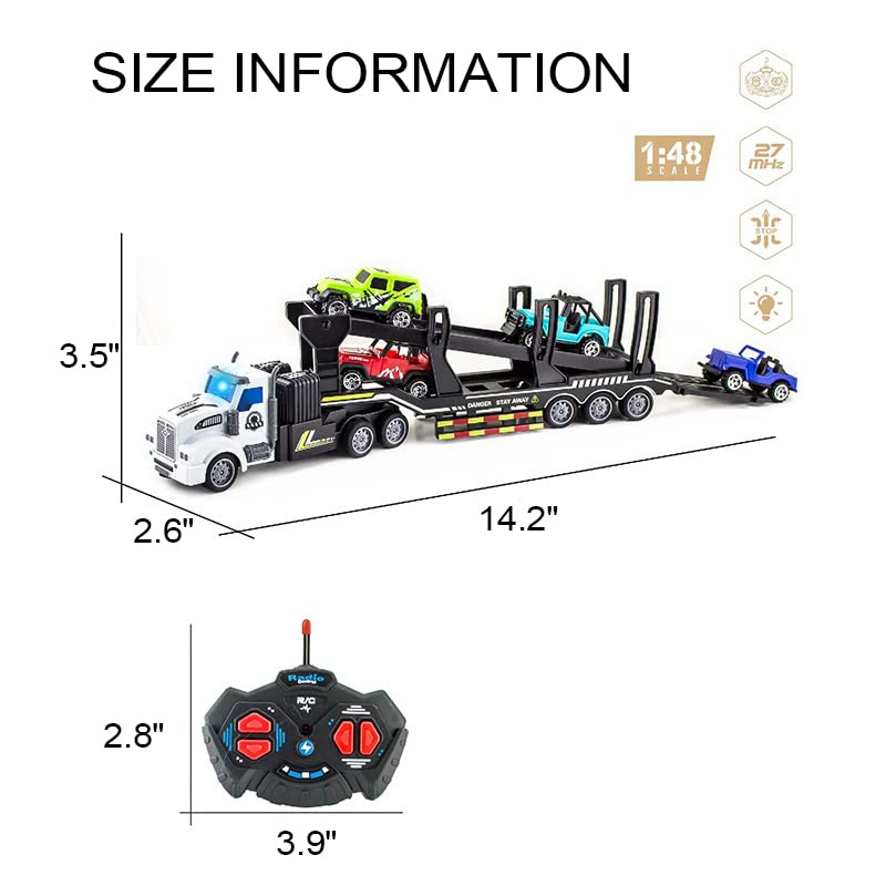 Remote Control Car Transporter Truck Includes 4 Cars - 14" 1:48 Mini RC Toy Semi Truck Trailer with 2pcs Rechargeable Batteries, Carrier Car Truck Vehicle with Lights, Great Gift for Kids Boys Girls