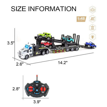 Remote Control Car Transporter Truck Includes 4 Cars - 14" 1:48 Mini RC Toy Semi Truck Trailer with 2pcs Rechargeable Batteries, Carrier Car Truck Vehicle with Lights, Great Gift for Kids Boys Girls