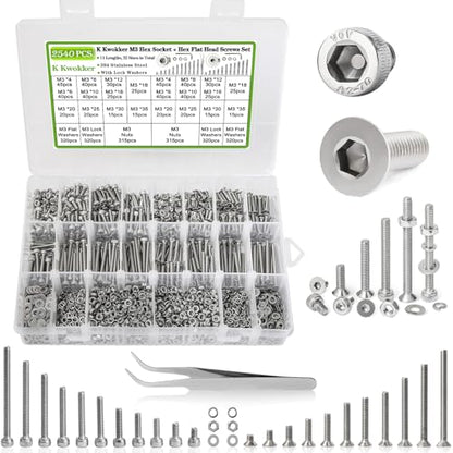 2540Pcs M3 Screws 4MM to 35MM, Socket Head Screws & Flat Head Screw, 304 Stainless Steel Assorted Nuts and Bolts Assortment Kit M3 Screw Kit with Nuts, Washer and Lock Washers - size: L. M3