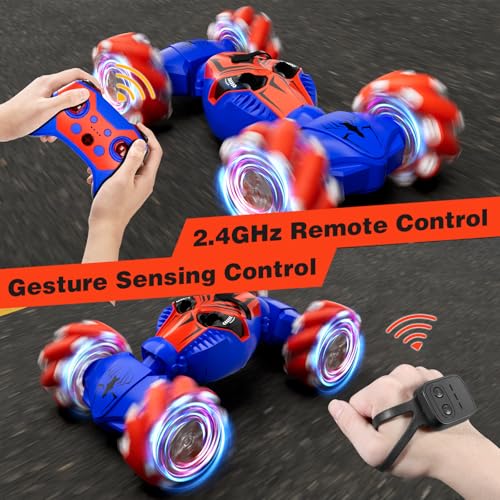 Remote Control Car for Boys 8-12, 4WD Gesture Sensing RC Stunt Car 2.4Ghz with Lights Music Sprayer RC Cars for Boys Age 4-7 8-12 Hand-Controlled Cars Toys Birthday Gifts for Kids Girls Blue - color: Blue