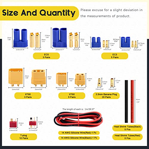 104 Pcs XT60 / XT90 /EC3 / EC5/T-Plug Deans/3.5mm Banana Plug Male Female Adapter Connectors with Heat Shrink Tube and Silicone Wire for RC Battery Charger ESC Motor Accessories