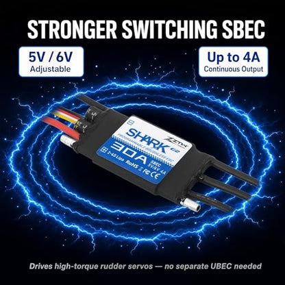 ZTW Shark G2 30A ESC 2-4S Built-in Swithcing BEC 5V/6V 4A Water-Cooling Bidirectional Waterproof Brushless Speed Controller for RC Boat Marine - size: 30A