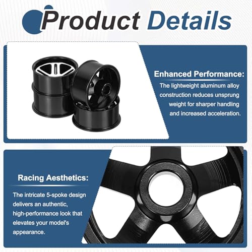 MECCANIXITY 4Pcs RC Car Wheel Rims, 20.5mm Dia 5-Spoke Black Aluminum Alloy Wheel Rims Hex Hub for HSP RC Drift Racing Touring Car - color: Black, size: 20.5mm Dia