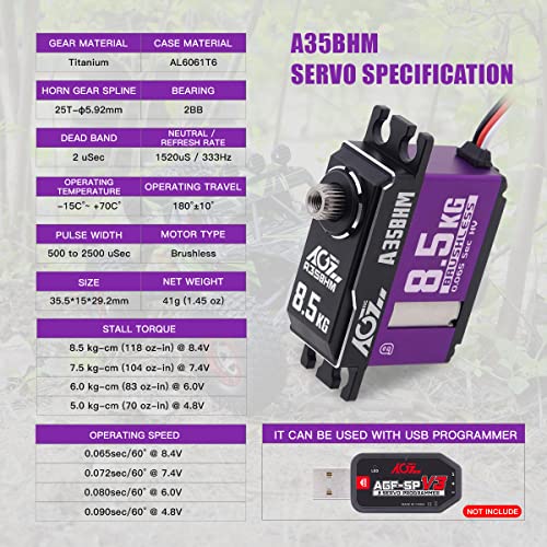 AGFRC 8.5KG HV Brushless RC Servo Motor for 1/12 1/10 RC Car(A35BHM) | 0.065Sec High Speed, Brushless motor, Programmable, 8.4V HV, CNC Aluminum Case, Titanium Gears, 35.5x15x29.2mm, 41g