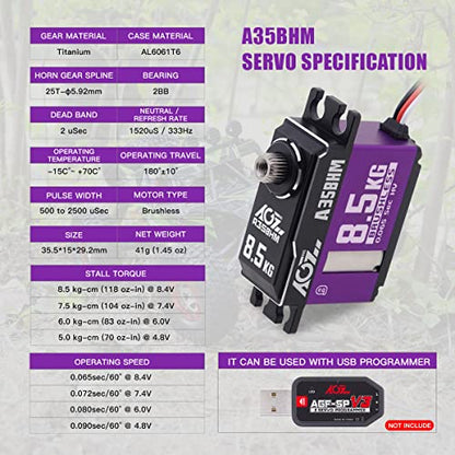 AGFRC 8.5KG HV Brushless RC Servo Motor for 1/12 1/10 RC Car(A35BHM) | 0.065Sec High Speed, Brushless motor, Programmable, 8.4V HV, CNC Aluminum Case, Titanium Gears, 35.5x15x29.2mm, 41g