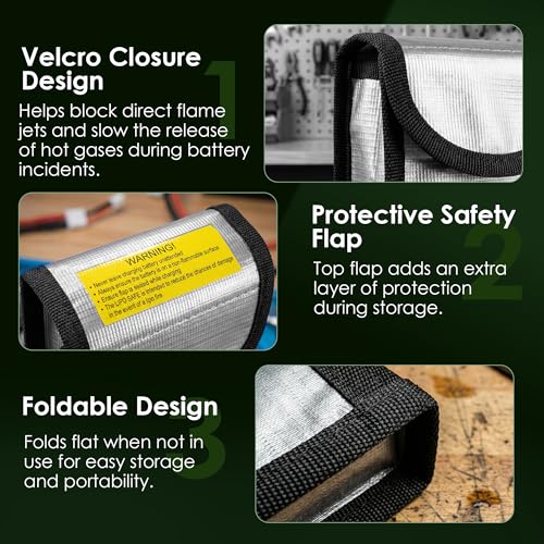 Empty LiPo Storage Bag, Fire-Resistant Fiberglass Pouch for Small RC Battery Pack Storage, No Battery or Charger Included, 5.5 x 3.7 x 2 in, 2 Pack