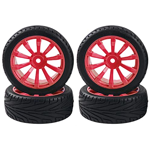 10-Spoke RC 12mm Hex Hub Wheel Rims & Rubber Tires Compatible with HSP Tamiya HPI Kyosho 1/10 On-Road Touring Car,WLtoys 1/14 144001 Traxxas 1/16 Slash RC 1/18 A959B Buggy (Red) - color: Red