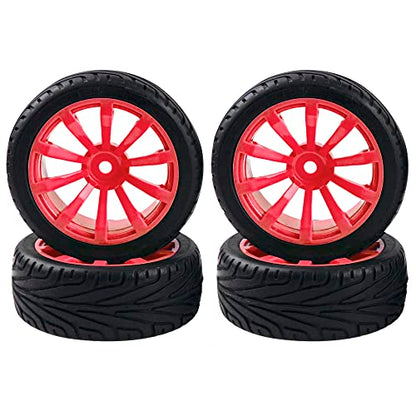 10-Spoke RC 12mm Hex Hub Wheel Rims & Rubber Tires Compatible with HSP Tamiya HPI Kyosho 1/10 On-Road Touring Car,WLtoys 1/14 144001 Traxxas 1/16 Slash RC 1/18 A959B Buggy (Red) - color: Red