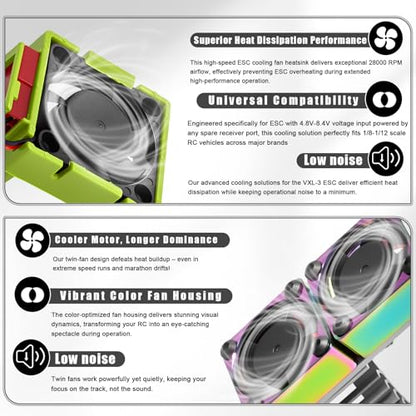 VXL-3s ESC Cooling Fan and Motor Cooling Fan 28000 RPM Dual Fan Set for 1/10 Traxxas Slash 4x4 Stampede 4x4 Rustler 4x4 VXL Hoss 4×4 Velineon VXL 3s Heat Sink Replace #3340, Grey & Green - style: SRQ-Grey Green