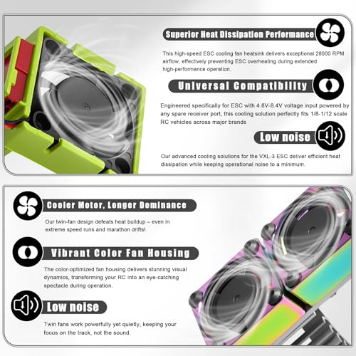 VXL-3s ESC Cooling Fan and Motor Cooling Fan 28000 RPM Dual Fan Set for 1/10 Traxxas Slash 4x4 Stampede 4x4 Rustler 4x4 VXL Hoss 4×4 Velineon VXL 3s Heat Sink Replace #3340, Grey & Green - style: SRQ-Grey Green