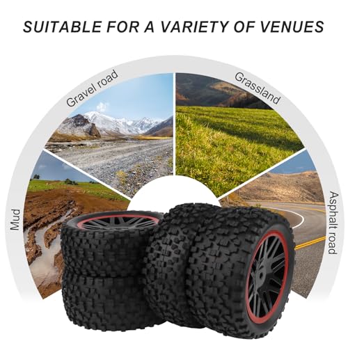 HobbyPark 12mm Hex Pre-Glued 1/10 RC Buggy Tires and Wheels Set Assembled, 3.46" (88mm) Tall for Traxxas Bandit VXL Losi Redcat Wltoys 144001 fit Brushless Motor 2S 3S Models