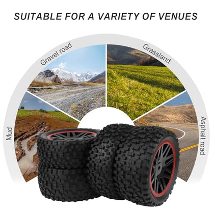 HobbyPark 12mm Hex Pre-Glued 1/10 RC Buggy Tires and Wheels Set Assembled, 3.46" (88mm) Tall for Traxxas Bandit VXL Losi Redcat Wltoys 144001 fit Brushless Motor 2S 3S Models