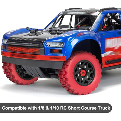 LRFHL 1/10 RC Short Course Truck Tires with 12mm 14mm 17mm Hex, 4PCS | Pre-Glued, RC Off-Road Short Truck Tires, for 1/8 1/10 Arrma Senton Traxxas Slash 2WD Axial Losi Redcat - color: Red Tires+ Black Wheels