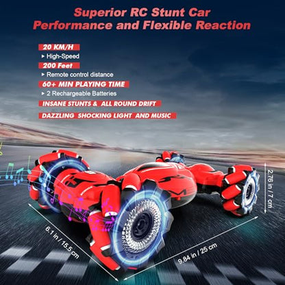 Fosgoit RC Car Toys for Boys Girls 6-12, Birthday Xmas Gifts for 6 7 8 9 10 11 12 Years Old, Gesture Sensing RC Stunt Car with Lights Music 2.4GHz 4WD Hand Remote Control 360° Rotate All-Round Drift - color: Red-black