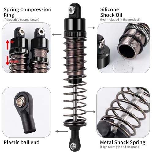 4PCS 1/10 70MM 95MM RC Oil filled Shock Absorbers Kit Front & Rear Shock Absorber Damper Assembled Set Compatible with Tamiya TT-02B DT-02 DT-03 DF-02 1/10 Buggy Car Upgrades Parts (Black) - color: Black