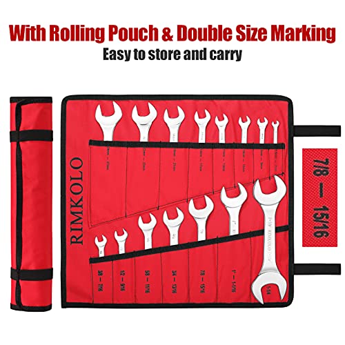 Super-Thin Open End Wrench Set, 16-Piece SAE & Metric 3/8" to 1-1/4" and 5.5mm to 27mm Chrome Vanadium Steel Wrench Set with Rolling Pouch