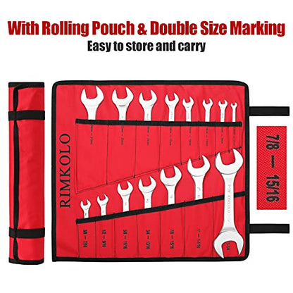 Super-Thin Open End Wrench Set, 16-Piece SAE & Metric 3/8" to 1-1/4" and 5.5mm to 27mm Chrome Vanadium Steel Wrench Set with Rolling Pouch