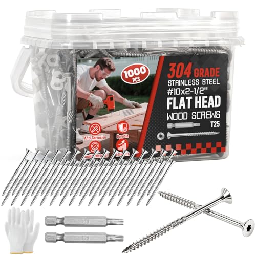 #10x2-1/2 Inch 304 Stainless Steel Deck Screws 1000 PCS - Corrosion-Resistant Outdoor Wood Fasteners for Fences, Decks, Wood Project - T25 Star Drive Bit - size: #10 x 2.5" 1000Pcs