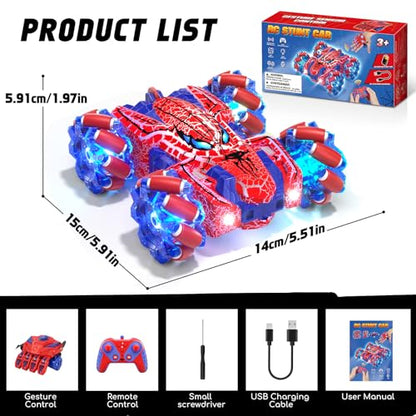 Spider Gesture Sensing Remote Control Car Birthday Gift for Boy 3-12 | Double Sided RC Cars, Full-Body Light, 2.4GHz Hand Controlled, Rechargeable RC Stunt Car - color: Red