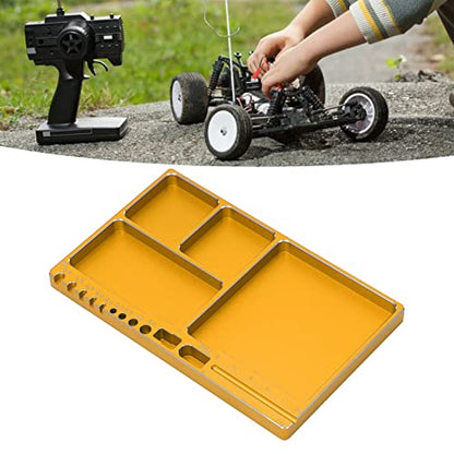 RC Magnetic Tray, 16x10x1.1cm Universal Aluminium Alloy Screw Tray RC Model Repair Tool Tray with Magnetic Pad for RC Trucks (Gold) - color: Gold