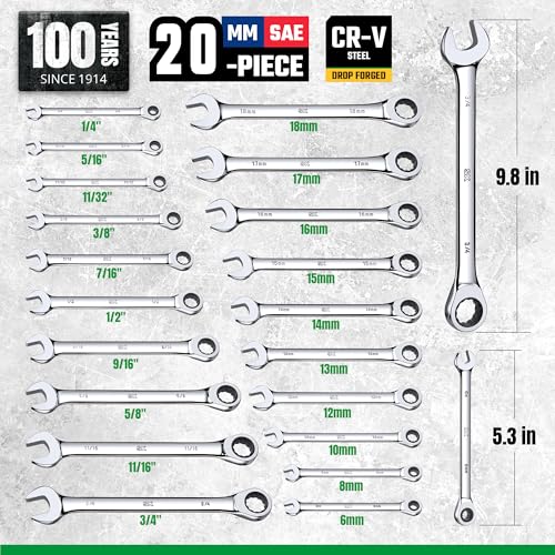 SK Ratchet Wrenches Set, SAE 1/4" to 3/4", Metric 6-18mm, 20-Piece | Ratcheting Wrench Set, Combination Wrench Set, 72-Tooth, Premium CR-V Steel, Chrome Plating Surface, Roll-Up Pouch - size: 20-Piece, SAE 1/4" to 3/4", Metric 6 to 18mm