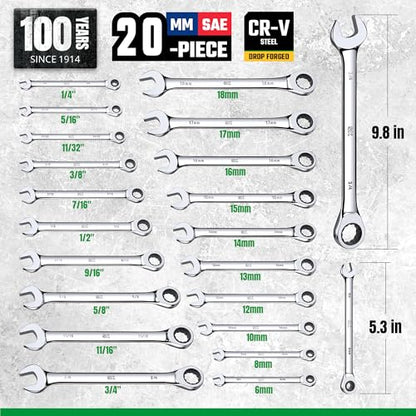SK Ratchet Wrenches Set, SAE 1/4" to 3/4", Metric 6-18mm, 20-Piece | Ratcheting Wrench Set, Combination Wrench Set, 72-Tooth, Premium CR-V Steel, Chrome Plating Surface, Roll-Up Pouch - size: 20-Piece, SAE 1/4" to 3/4", Metric 6 to 18mm