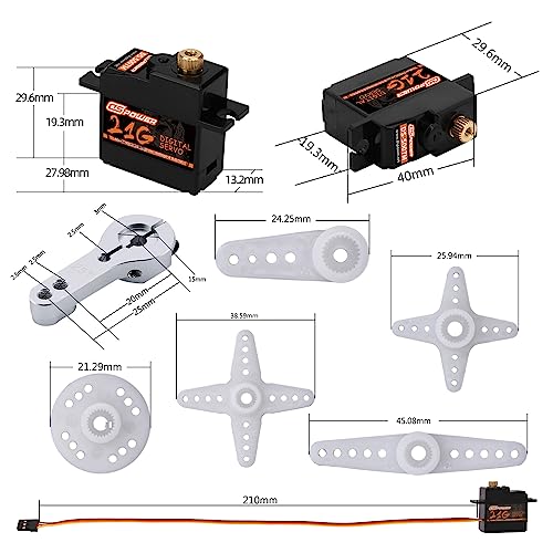2PCS 21G Mini Digital Servo, Steering Gear Full Metal Gear Micro RC Servos Motor Kit with 25T Servo Horn for 1/18 1/16 1/14 RC Car Model Boat Fixed-Wing Helicopter Airplane Robot Toy