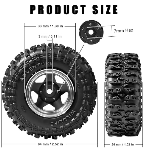1.3" Beadlock Wheel Tires, Aluminum 1.3 Beadlock Wheels and Tires Upgraded 1.45-inch Wheel for for 1/24 SCX24 AX24 FCX24 1/18 TRX4M FMS RC Crawler Car Upgrade (Black) - color: Balck
