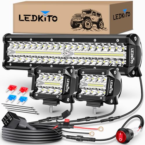 12In LED Light Bar and 4Inch LED Cube Pod Lights Spot Flood Combo | Triple Row Off Road Driving Work Lights Bar with Switch 3Lead Wiring Harness for Truck Je-ep Pickup Golf SUV UTV ATV Tractor - size: 12in+4in LED Light Bar with Wiring Harness