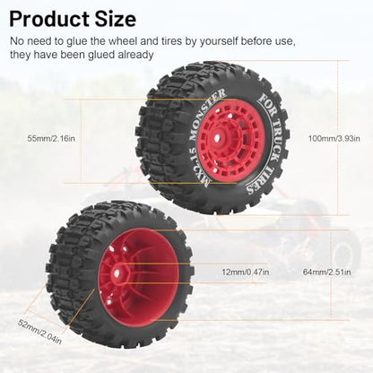 1/16 RC Car Tires and Wheels, daitoku 12mm Hex RC Truck Tires for MiniX Mini XRT 1/16 MJX 16207 16210 16209 16208 HSP 94186 Traxxas E-Revo LOSI 1/18 Mini LMT - Style B (Red) - color: Red