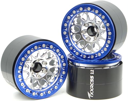 RC 2.2 Aluminum Alloy Beadlock Wheels and Tires Upgrades Accessories Rims for 1/10 SCX10 TRX4RC4WD and D90 RC Crawler Axial Remote Control Car (4pc) (Silver Blue) - color: Silver Blue