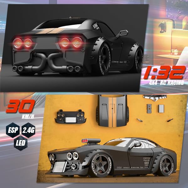 KM3299 RC Drift Car with Gyro Stabilization and LED Lights | 1:32 Scale High-Speed 4WD Mini Electric Remote Control Drift Vehicle, 30 km/h, RC Vehicle Gift for Adult - color: Black