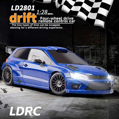 LD2801 Mini RC Drift Car 1/28 Scale RTR Remote Control 4WD Racing Cars with 4PCS Drift Tires and LED Searchlight for Hobby Gift (Blue) - color: Blue