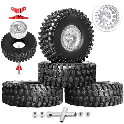 HobbyPark 1.9 Beadlock Wheels and Tires 120mm / 4.72inch Height with Mounting Tool for Traxxas TRX4 Axial SCX10 II III Redcat Gen8 Gen7 12mm Hex 1/10 Crawler Upgrades, 4-Set (Silver)