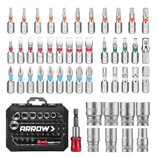 ARROW 48-Piece 1/4" Screwdriver Bit & Socket Set, S2 Steel Drill Bits | Color-Coded Bits with Magnetic Bit Holder, 6–13mm CRV Sockets, Compatible with Power Drill, Screwdriver & Mini Ratchet Wrench - style: 48 PCS Screwdriver Bit & Socket Set