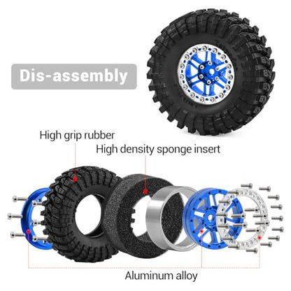 1.3" Wheels and Tires 70mm (2.76in) for SCX24 TRX4M 1/18 1/24 RC Crawler Upgrade Parts (Blue, 4Pcs) - color: blue-3