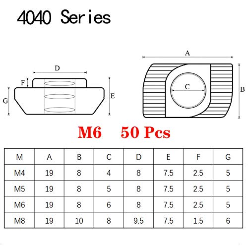 50pcs 4040 Series M6 Thread T Nuts Hammer Head Fastener Nut Sliding T-Nut,Nickel Plated Carbon Steel Nut for 40 Series Aluminum Extrusion Profile T Slot 8mm (4040 Series M6) - size: 4040 Series M6
