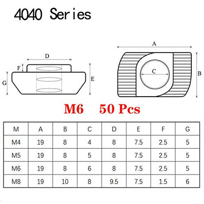 50pcs 4040 Series M6 Thread T Nuts Hammer Head Fastener Nut Sliding T-Nut,Nickel Plated Carbon Steel Nut for 40 Series Aluminum Extrusion Profile T Slot 8mm (4040 Series M6) - size: 4040 Series M6