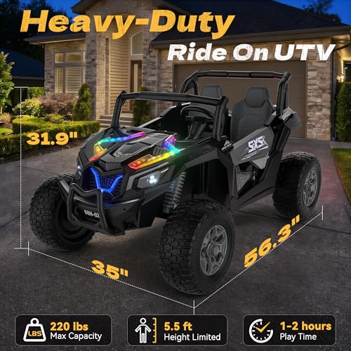 XXXL 4WD 24V Ride on Toys for Big Kids 3-14,Max 5.5Mph & 220 lbs Load,Black | Adjustable 22” 2 seater ride on car for kids, 15" eva all-terrain tires, remote control, led lights, smooth shock absorbers - color: Black