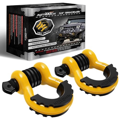 AUTMATCH 3/4" D Ring Shackles (2-Pack) - 41,887 lbs Break Strength | Heavy Duty Clevis Shackle with 7/8" Pin & Isolator Washer Kit for Tow Strap, Winch, Towing & Off-Road Vehicle Recovery,Yellow - color: Yellow & Black