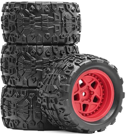 Pre-Glued 1/16 & 1/18 RC Monster Truck Rubber Tire & Nylon Wheel - 12mm Hex | Rubber Tires with Foam Fits for ARRMA 1/18 Granite/Typhon Grom, WLtoys A949, MJX Hyper Go H16 (4PCS, Red) - color: Red