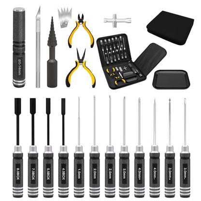 19Pcs RC Car Tool Kit Hex Screwdriver Set Nut Drivers Phillips Screwdrivers Plier Wrench Body Reamer for 1/8 1/10 Traxxas Axial Arrma DJI Drone Boat RC Repair Tool Kit Black - color: Black