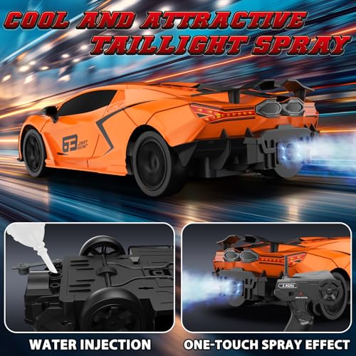 RC Drift Car, 1:16 Remote Control Car 2.4Ghz High Speed RC Cars 4WD Racing Sport Toy Cars with LED Lights, Spray, Drifting Tires, 2 Batteries for Kids Boys Girls Adults Birthday Christmas - color: Orange