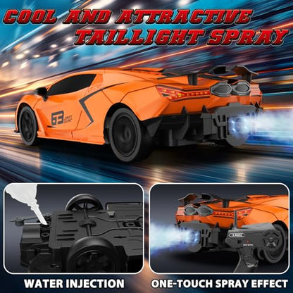 RC Drift Car, 1:16 Remote Control Car 2.4Ghz High Speed RC Cars 4WD Racing Sport Toy Cars with LED Lights, Spray, Drifting Tires, 2 Batteries for Kids Boys Girls Adults Birthday Christmas - color: Orange