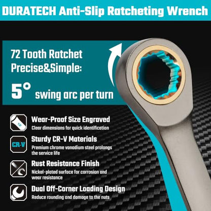 DURATECH Anti-Slip Ratcheting Wrench Set, 22-piece, Metric & SAE | Combination Wrench Set, 1/4" to 3/4" & 6-18mm, 72-Tooth, CR-V Steel, Nickel Plating - style: Anti-slip